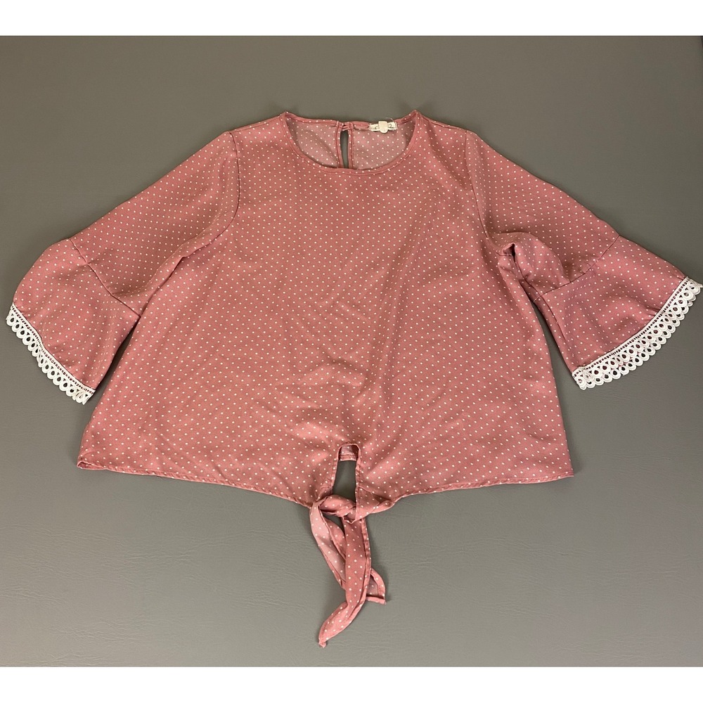 Emi & Joe ‎ Blouse Top Plus Size 2X Pink Polka Dot Tie Off Bell Sleeve Peasant